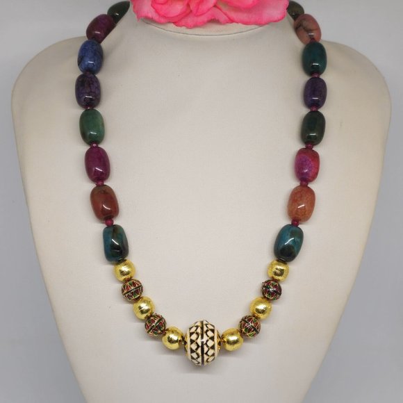 Enamel Cloisonne Crackle Agate Beaded Statement Necklace Gold Green Red Purple - Picture 4 of 14